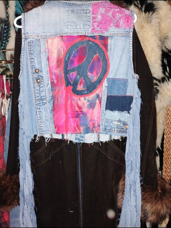 Jackets & Blazers - Upcycled Denim Vest with Pink Tie-Dye Peace Patch And Long Fringe Sides.